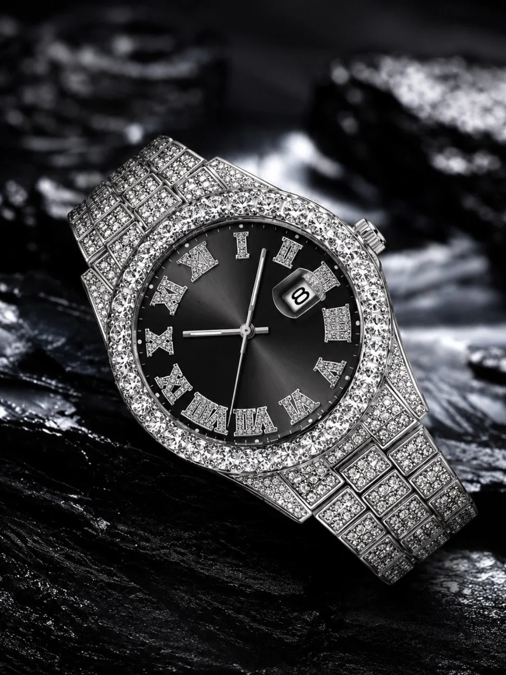 Iced Out Bustdown Watch Black Dial VVS Simulated Diamond Date Hip Hop Steel Lux